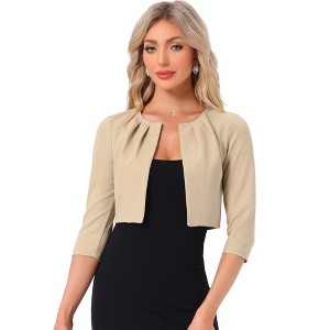 INSPIRE CHIC Women's 3/4 Sleeve Collarless Pleated Open Front Cropped Cardigan - 1 of 4