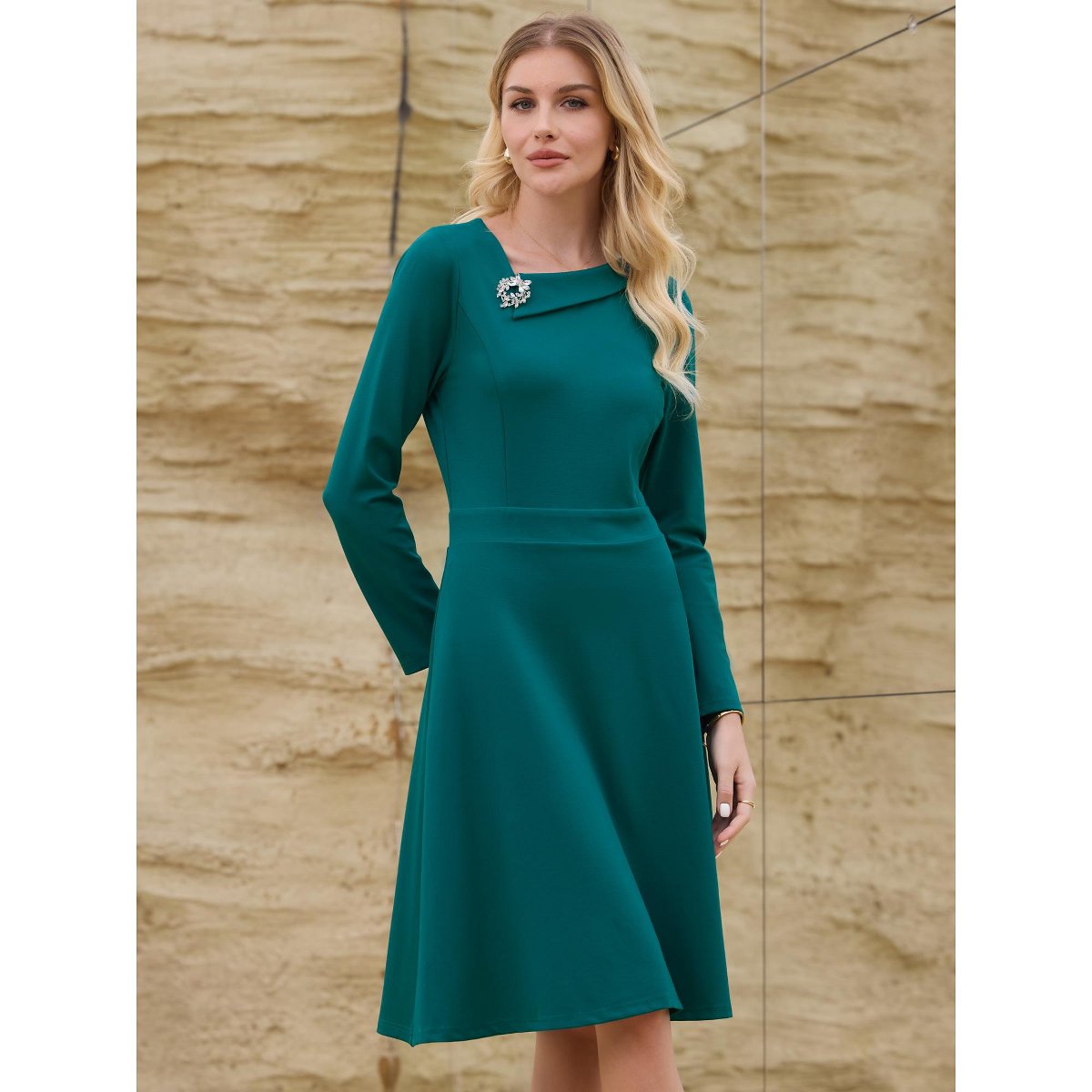 Женские платья INSPIRE CHIC Women's Elegant A-Line Asymmetrical Neckline Wear to Work Flare Dress X-Large Peacock Blue — фото 2