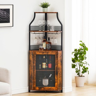 Corner Wine Bar Rack Cabinet with Detachable Wine Rack, Home Bar Cabinet with Barn Door and Adjustable Shelf