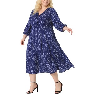 Agnes Orinda Women's Plus Size Long Sleeve V-Neck Sweetheart Print Midi Ruffle Tunic Dresses - 1 of 4
