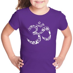 LA Pop Art Girl's Word Art T-shirt - THE OM SYMBOL OUT OF YOGA POSES - 1 of 4