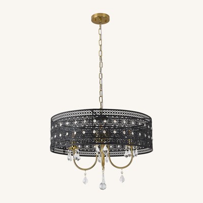 PAKOKULA 4-Light Black Drum Hollow Crystal Chandelier Light for Kitchen Island with No Bulbs Included