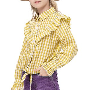 Girls Long Sleeve Ruffle Plaid Shirts Front Button Down Shirts for Girls Waist Knot Plaid Shirts - 1 of 4