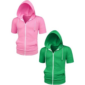 Lars Amadeus Men's Zip Up Short Sleeves Solid Sweatshirt with Hood 2 Packs - 1 of 4