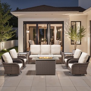 Buenhomino Patio Furniture with Fire Pit, Wicker Outdoor Couch and Swivel Rocking Chairs, Propane Fire Pit Conversation Set - 1 of 4