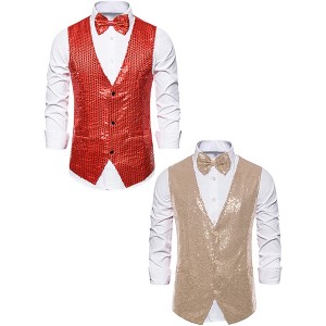 Lars Amadeus Men's Party Prom Shiny Sequins Dress Suit Vest with Bow Tie 2 Packs - 1 of 4