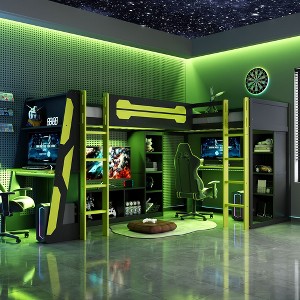 Twin Size Loft Bed, L-Shaped Gaming Bed Frame with RGB LED Lights, Dual Beds, USB Ports, TV Stand & Storage - ModernLuxe - 1 of 4