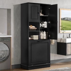 ORRD Tall Storage Cabinet with Adjustable Shelves, Flip-Out Basket & Enclosed Cabinets, MDF with Alloy Handles - 1 of 4