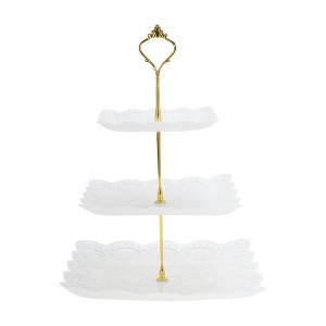 Unique Bargains 3 Tier Dessert Cupcake Stand Square Cup Cake Holder Tower with Tiered Serving Tray for Donuts Fruits White Gold Tone - 1 of 4
