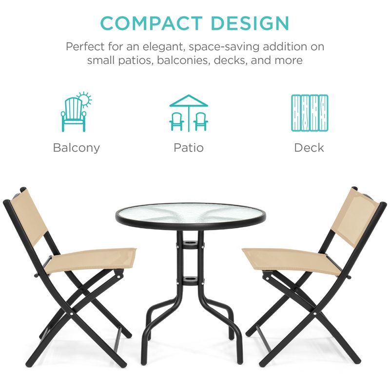 Best Choice Products 3-Piece Patio Bistro Dining Furniture Set w/ Round Textured Glass Tabletop, Folding Chairs, 3 of 11