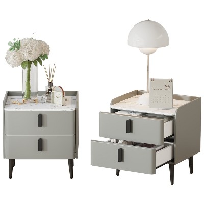 Set of 2 Nightstands 2-Drawer Marble-Pattern Bedside Table for Bedroom Living Room Gray