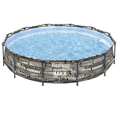 12ft Stone Print Steel Frame Round Above Ground Pool with Filter Pump