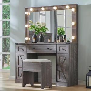 OKD Vanity Tables with 3 Visible Drawers, Farmhouse Vanity Desk with Lights Makeup Mirror - 1 of 4