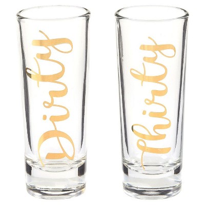 Blue Panda Set of 2 Dirty Thirty Clear Shot Glasses Pair Gold Foil Print for 30th Birthday Gift, 2 oz