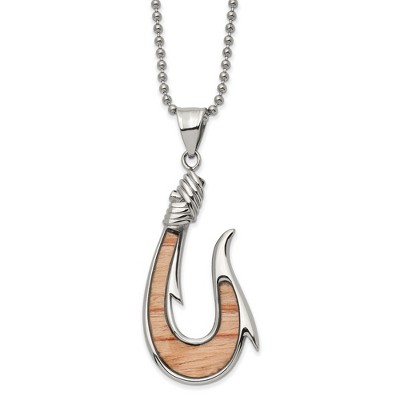 Black Bow Jewelry Stainless Steel & Wenge Wood Inlay Large Hook Necklace, 22 Inch