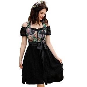 Women's Vintage Floral Jacquard & Satin Beer Festival Dress Set, 3 - Piece with Puff Sleeves & Lace Apron - 1 of 4
