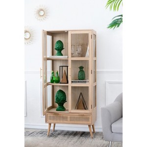 ORRD Tall Display Cabinet with Glass Doors, 62.6" Storage Cabinet with Rattan Details for Living Room Dining Room, Natural Finish - 1 of 4
