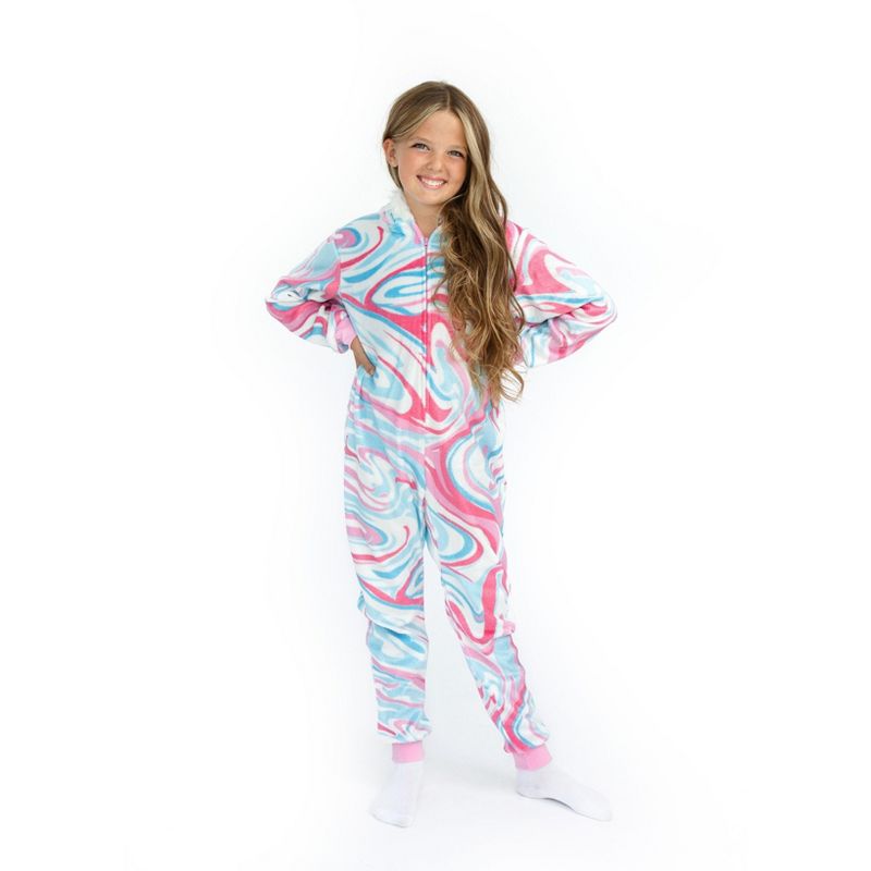 Sleep On It Girls Clouds & Rainbows Zip-Up Hooded Sleeper Pajama with Built Up 3D Character Hood, 4 of 9