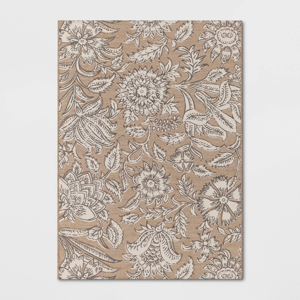 Photos - Doormat 5'x7' Floral Tapestry Linen Rectangular Woven Outdoor Area Rug Beige - Thr