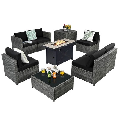 Tangkula 9 PCS Patio Rattan Furniture Set Fire Pit Table Storage Black W/ Cover
