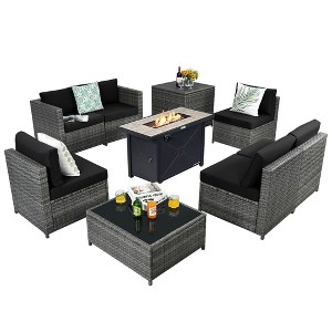 Tangkula 9 PCS Patio Rattan Furniture Set Fire Pit Table Storage Black W/ Cover - 1 of 4