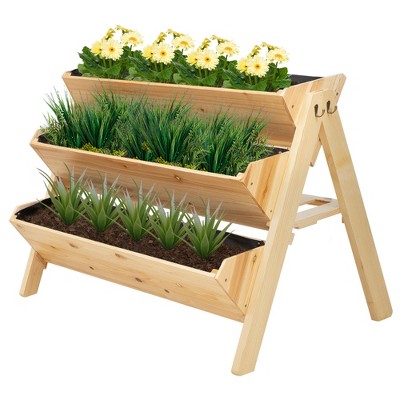 Outsunny 47'' 3-Tiers Raised Garden Bed Raised Garden Boxes Wooden Plant Stand with Side Hooks & Storage Clapboard, Great for Flowers Herbs Vegetables, Natural