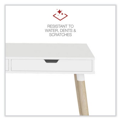 White and Beige Wood Scandinavian Writing Desk with Drawers