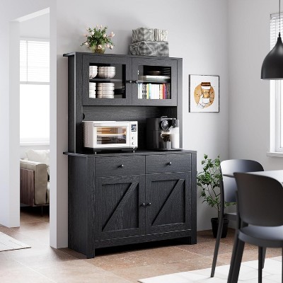 Modern Kitchen Pantry Cabinet with Microwave Stand, Tall Hutch Bar Cabinet with Drawers & Adjustable Shelves, Large Wood Storage for Dining Room