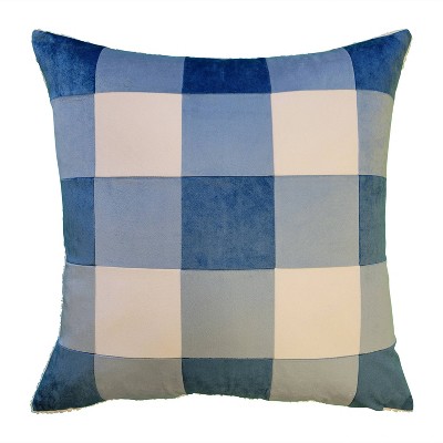 20"x20" Oversize Buffalo Check Color Blocked with Teddy Reverse Velvet Square Throw Pillow White/Blue - Edie@Home: Modern Indoor Decor