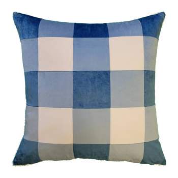 20"x20" Oversize Buffalo Check Color Blocked with Teddy Reverse Velvet Square Throw Pillow White/Blue - Edie@Home