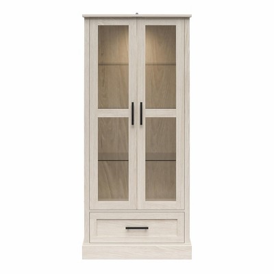 Ameriwood Home Sherman Curio Cabinet with Glass Doors and Storage Drawer, White Oak