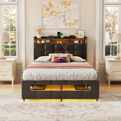 Aheaplus Upholstered Bed Frame with Storage Headboard, Charging Station, LED Light