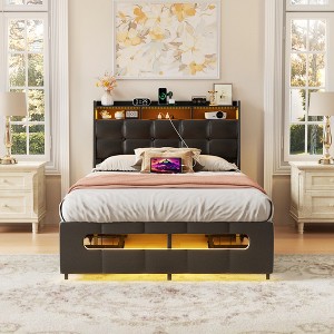 Aheaplus Upholstered Bed Frame with Storage Headboard, Charging Station, LED Light - 1 of 4
