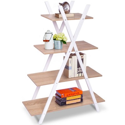 Costway 4-Tier Bookshelf Storage Display Shelves Bookcase Ladder X-Shape Brown/Black