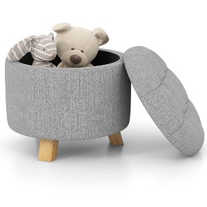 Costway Upholstered Round Ottoman Cushioned Storage Footstool with Solid Rubber Feet Grey - 1 of 4