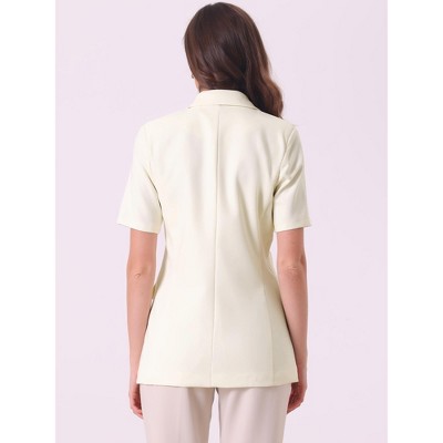 Allegra K Women's Office Work Lapel Short Sleeve Button Down Open Front Blazers with Pockets Small Beige — фото 3
