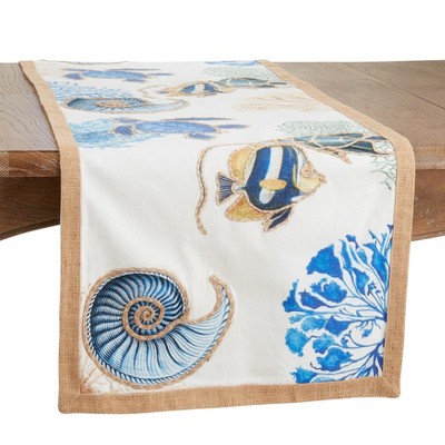 Saro Lifestyle Long Cotton Table Runner With Sea Life Design, Blue, 16" x 72"