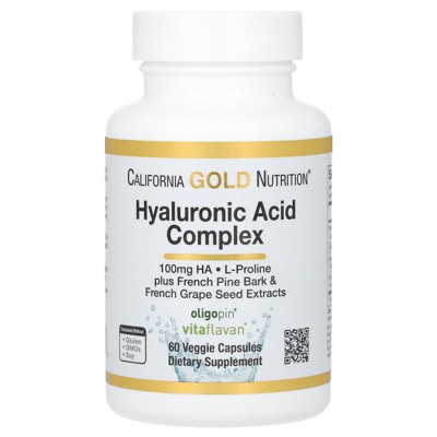 California Gold Nutrition Hyaluronic Acid Complex with L-Proline, French Grape Seed and French Maritime Pine Bark Extract, 60 Veggie Capsules