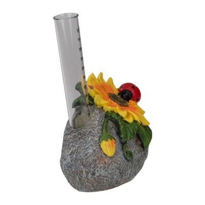 7" Sunflower and Ladybug Polyresin Rock Garden Rain Gauge