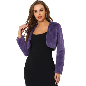 Allegra K Women's Cropped Open Front Collarless Long Sleeve Faux Fur Jacket - 1 of 4