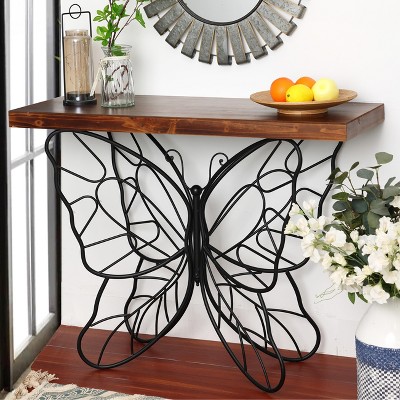 Dark Maple & Black Metal Butterfly Accent Console Table with Storage
