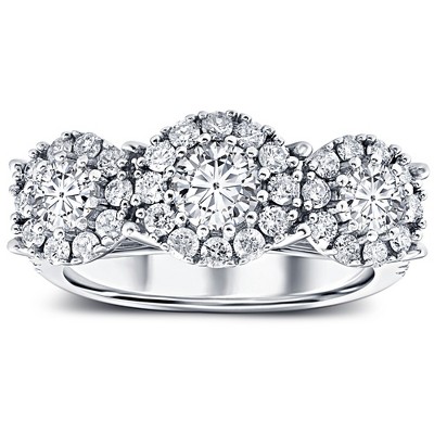 Pompeii3 1 1/2 Ct Diamond Three Stone Halo Pave Engagement Ring White Gold Lab Created