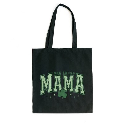 City Creek Prints Lucky Mama Varsity Clover Canvas Tote Bag - 15x16 - Black