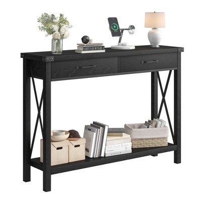 Console Table with 2 Drawers, Farmhouse Sofa Table with Storage Shelf, Accent Wood Entryway Table for Living Room, Hallway, Foyer-Black