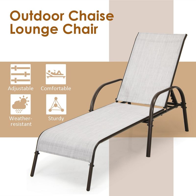 Outdoor Patio Lounge Chair Chaise Fabric Adjustable Reclining Armrest Pool Grey, 5 of 11