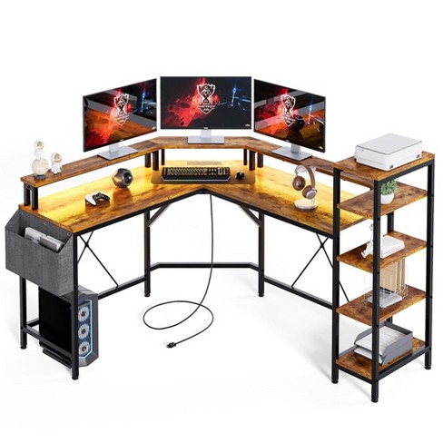 L Shaped Desk With Power Outlets & Led Lights, 62