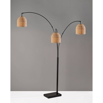 Bahama 82" Dark Bronze 3-Arm Arc Floor Lamp with Rattan Shades