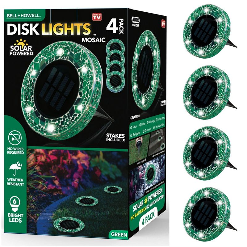 Bell + Howell 6 LED Round Green Mosaic Solar Powered Disk Lights with Auto On/Off - 4 Pack, 2 of 6