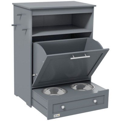 LunaLulinlk Pet Feeder Station, Storage Cabinet Dog Food Storage Container with Raised Dog Bowls and Hanger Gray