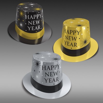 Beistle Black, Silver, and Gold Assorted New Year Hi-Hats, Pack of 25